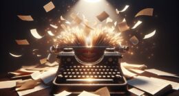 Vintage typewriter with pages flying in dramatic light