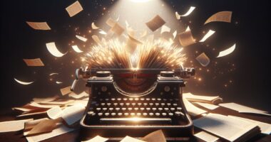 Vintage typewriter with pages flying in dramatic light