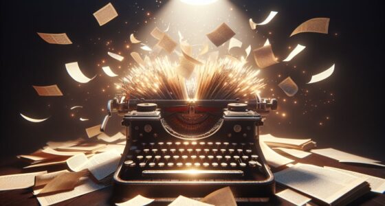 Vintage typewriter with pages flying in dramatic light