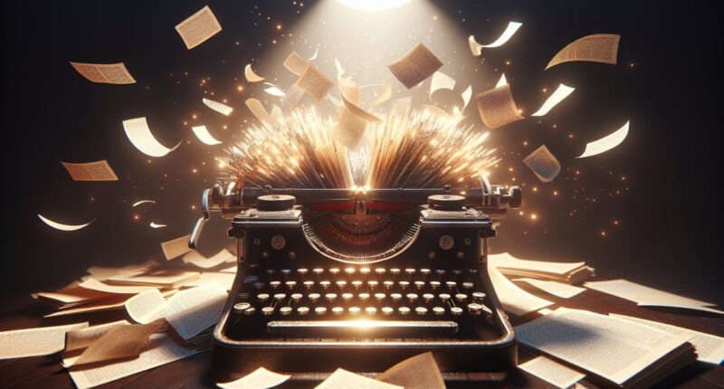 Vintage typewriter with pages flying in dramatic light